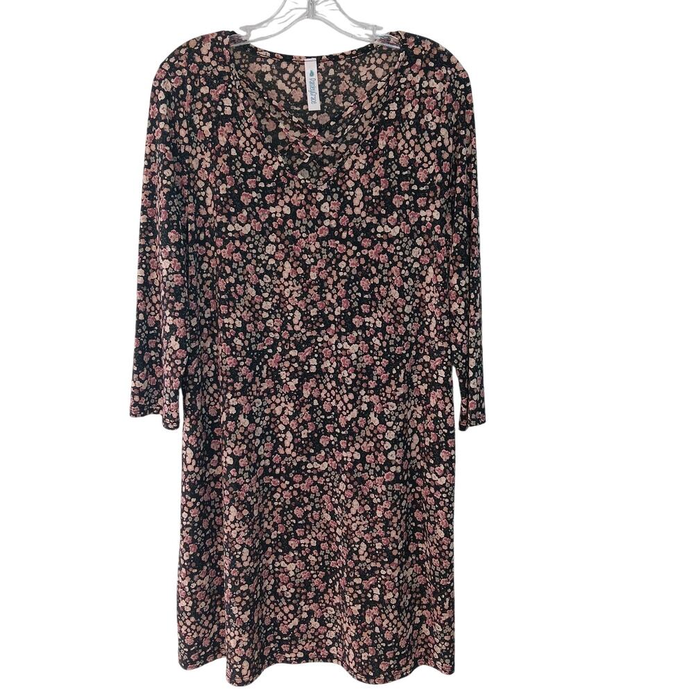 EUC Paisley Grace Size L Black Floral 3/4 Sleeve V-Neck Dress Pockets